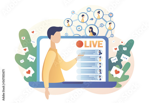 Tiny bloger that conduct live stream in social networks on laptop screen and viewers comment and like. Live streaming. Modern flat cartoon style. Vector illustration on white background
