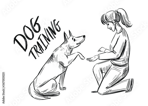 Sketch of a girl training a dog. Black outline with transparent background