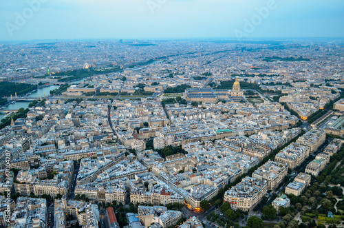 View of Paris, photographed on the top of Eiffel Tower in the evening