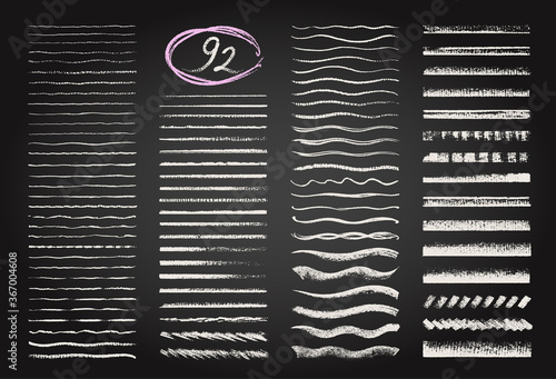 Big set of chalk, oil pastel and crayon strokes, can be used as art brushes. Hand drawn grunge lines with grainy texture on chalkboard background.