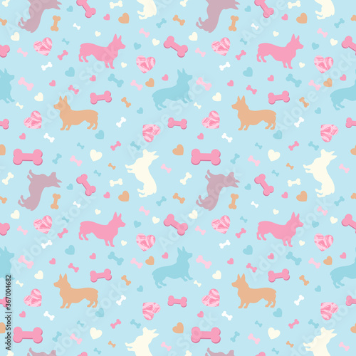 Simless pattern silhouette welsh corgi dog with a pink heart and favorite bones.