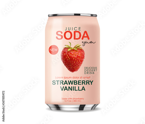 Soda drink contained in metallic cans with strawberry fruits, 3d realistic pink cans, summer drink, package design, vector