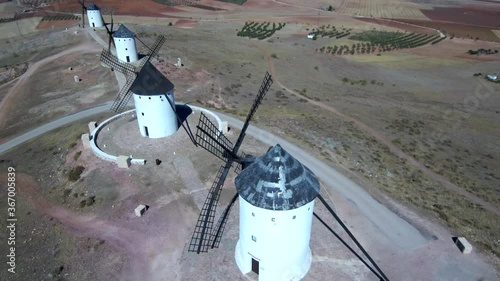 Aerial view of spanish windmills in the Route of Don Quixote. Drone Footage