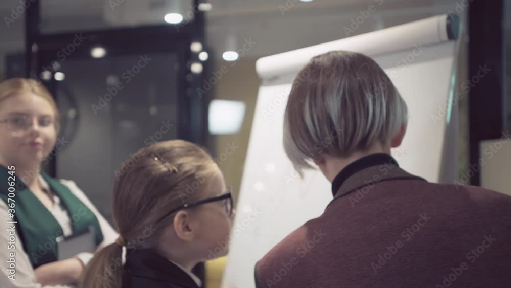 The back view of the person who draws a graph on the board. Blurred image. The back view of the person who draws a graph on the board. Blurred image.