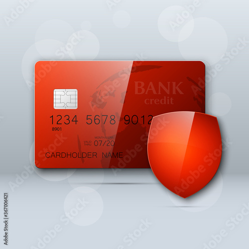 Protection shield Credit card. Safety badge banking icon. Defense safeguard finans icon. Security Plastic card software. Debit card guard electromagnetic chip. Privacy Electronic money funds transfer.