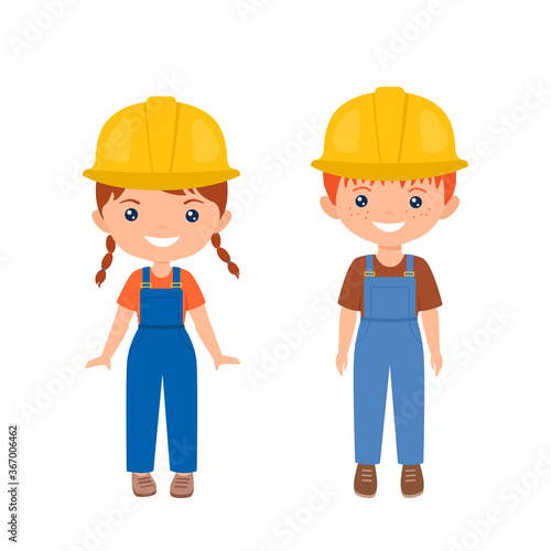 Cute characters chibi boy and girl in workwear. Professions for kids. Flat cartoon style