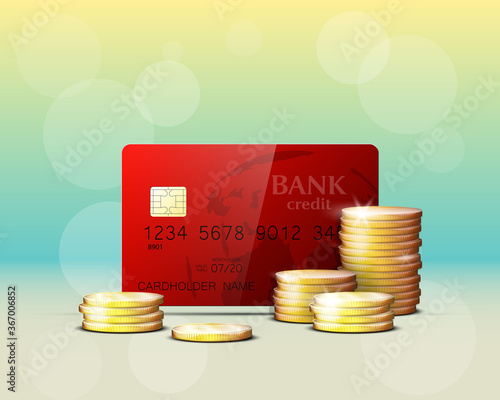 Credit card & gold coins banner. Banking hidden treasures icon. Finans riches icon. Plastic card software wealth badge. Debit card with electromagnetic chip. Privacy Electronic money funds transfer.