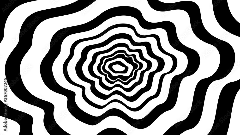 Vector optical illusion with black and white lines. Technology tunnel. Abstract curve background.