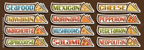 Vector Pizza Set, 12 cut out illustrations with traditional italian fastfood shacks with diverse text of pizza title, lot group of decorative design white tags for pizza in fast food restaurant.