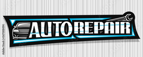 Vector banner for Auto Repair, dark decorative sign board with simple outline vehicle and black wrench, badge with unique lettering for words auto repair on gray striped background.