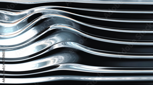 A 3d Rendering of a Cloudy Afternoon Sky Reflected in a Rippling Chrome Surface with Warped Stripes; Reminiscent of Custom Chromed Partes from a Car, Truck or Motorcycle.