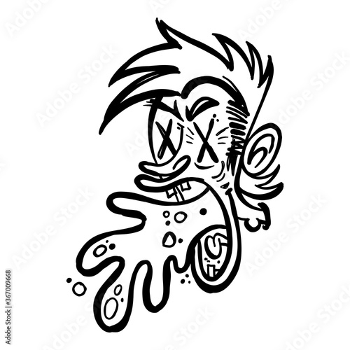 Sick guy with spiky hair vomiting a big barf from his mouth - cartoon illustration
