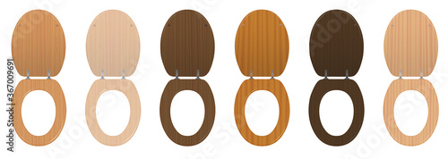 Wooden toilet seats. Collection of different textured open lavatory lids from various trees - elegant rustic dark and light samples. Isolated vector on white background.
