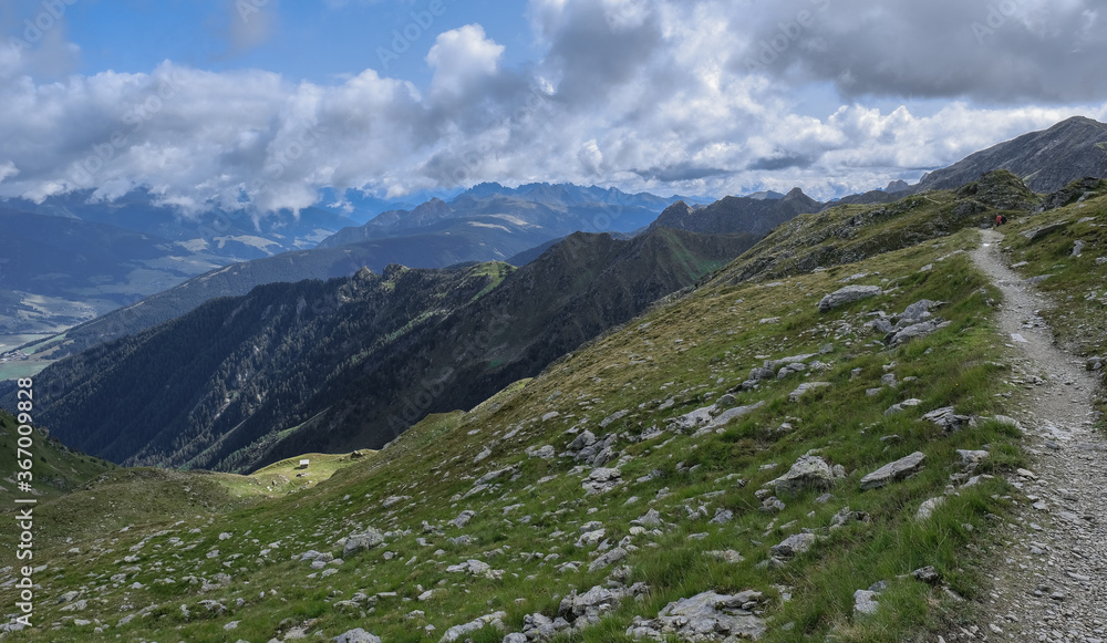 View of the Carnic Alps ridge as seen from the  high Carnic Peace Trail along  the long distance Carnic Highroute trek in Austria and Italy.
