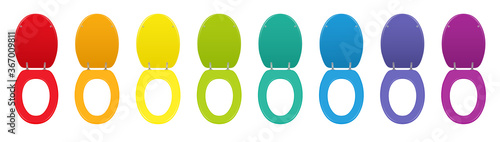 Colorful toilet seats. Set of different colored lavatory lids lifted up - rainbow gradient collection. Isolated vector illustration on white background.
