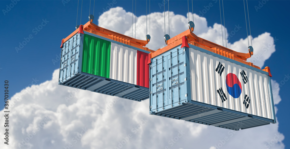 Freight containers with Italy and South Korea flag. 3D Rendering 