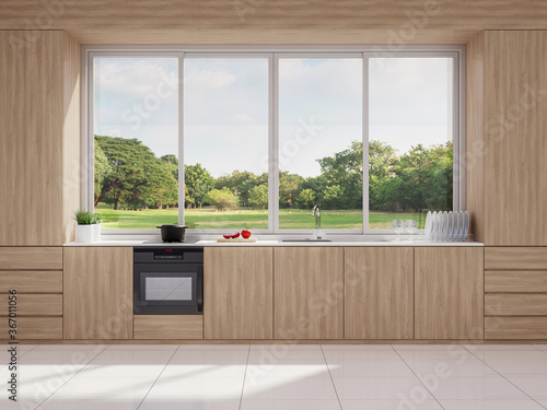 Obraz na plátně Modern style wooden kitchen with nature view 3d render,The rooms have white tile floors, Big windows overlooking a large garden, sunlight into the room