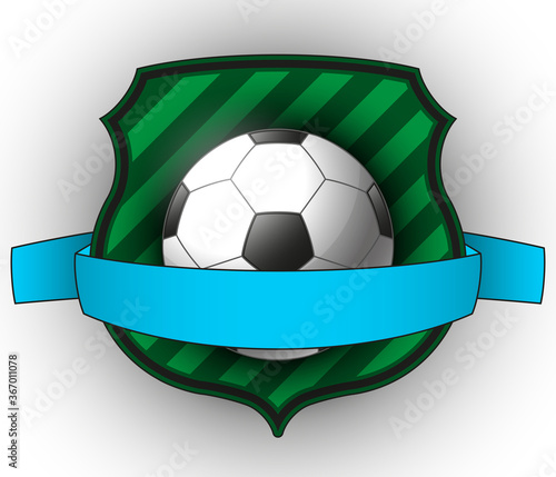 Football game icon, European Soccer game badge, Ball with ribbon on a background of green shield, Realistic illustration