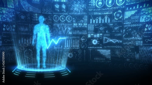 Man virtual body. Human medical hologram animation. Graph, Diagram, Infographic. Medicine and health care concept. User Interface. High tech future loop animation.