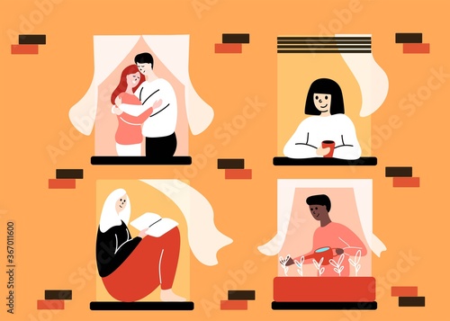 People staying home concept. People's lives in windows. Vector illustration.