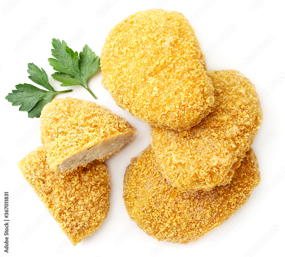 Frozen cutlets whole and half on white background, isolated. The view from top Frozen cutlets whole and half on white background, isolated. The view from top