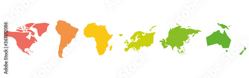 Silhouettes of World continents in different colors. Simple flat vector illustration