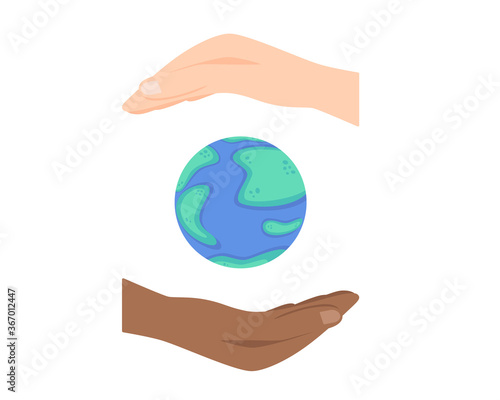 World ozone day, globe and multiethnic human hands isolated on white