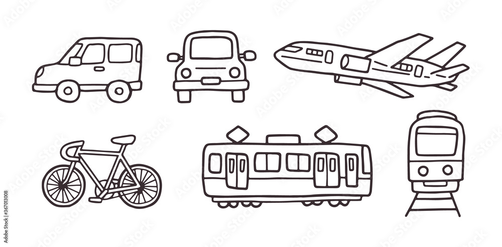 乗り物 車 飛行機 電車 自転車 手描き ベクター 線画 イラスト Stock Vector Adobe Stock