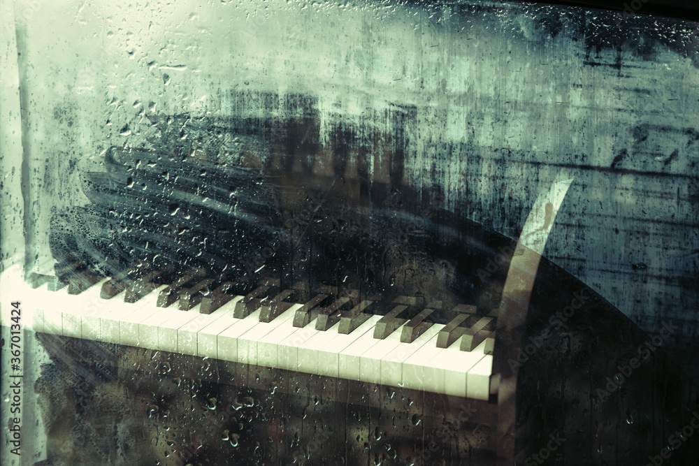 Piano music concept abstract background. 3d illustration.Piano behind the  window with water drops on a rainy day.Relax music for travel road.  ilustración de Stock | Adobe Stock