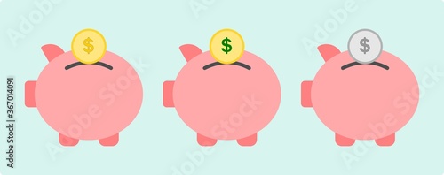 Pink piggy bank vector icon set.