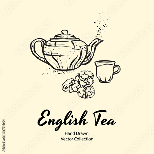 Teapot, cup and biscuits black line hand drawn vector illustration in old style for cafe menu, logo, banner, flayer, coffee shop, sticker, flyer. Black and white tea or coffee time illustration