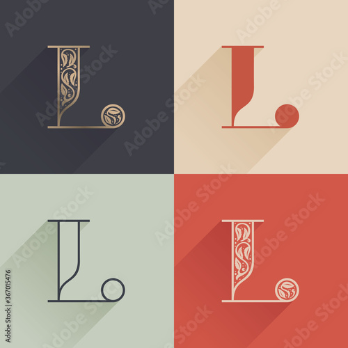 Classic L letter logo with premium decoration. Four style serif font set.