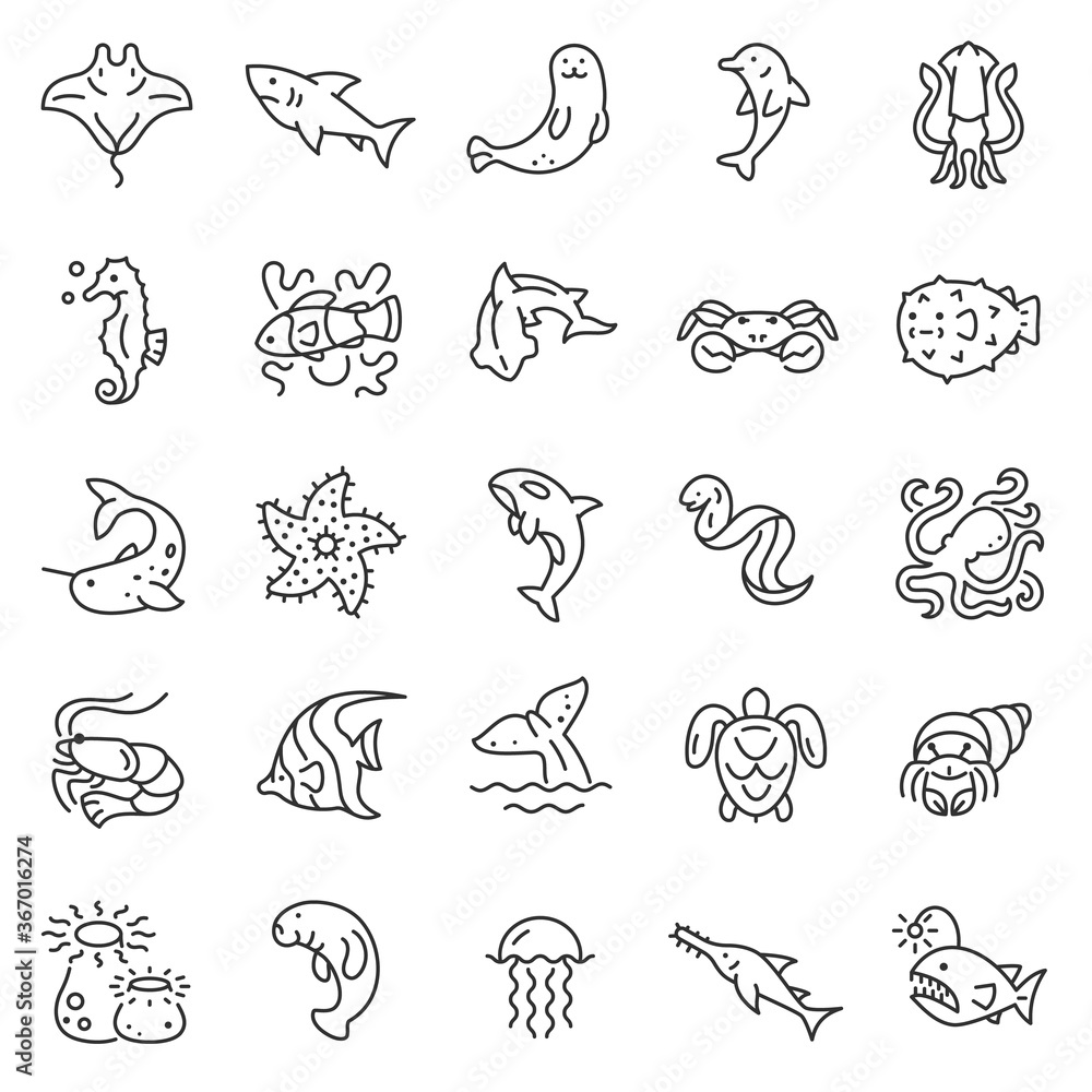 Fototapeta premium Marine creatures, icon set. Fauna of ocean and sea, linear icons. Line with editable stroke