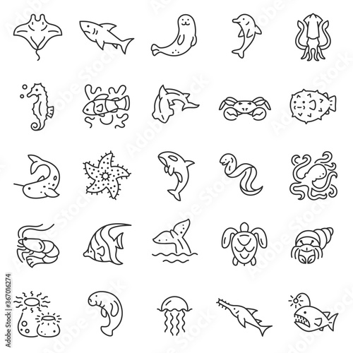 Marine creatures, icon set. Fauna of ocean and sea, linear icons. Line with editable stroke