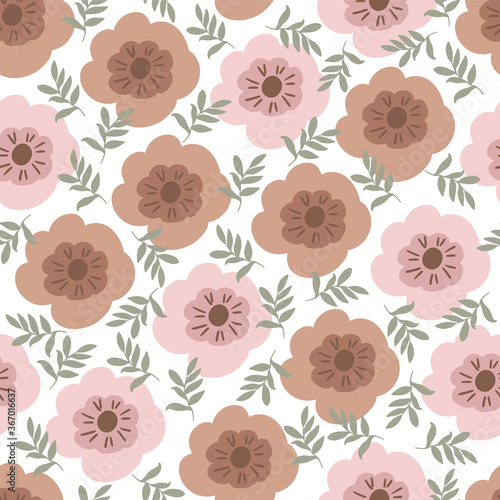 Vector organic seamless abstract background, botanical motif with stylized leaves, flowers and simple geometric shapes. Freehand doodles pattern.