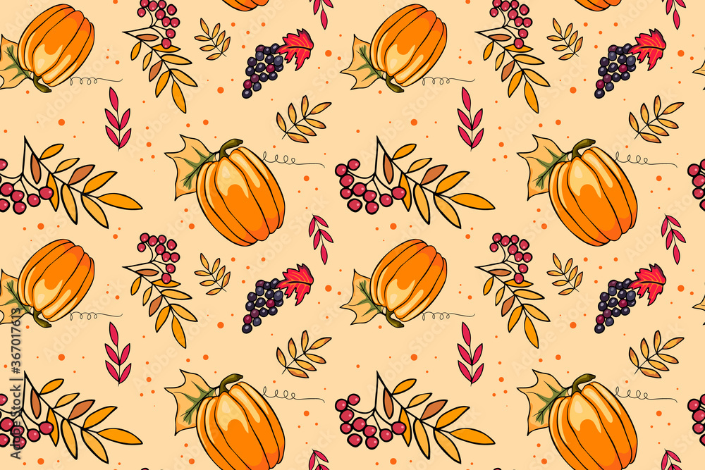 Autumn season vector seamless pattern with hand drawn pumpkin, grapes, rowan, leaves. Hand drawn repeated background for textile, wrapping paper, greeting card and invitation of seasonal fall holidays