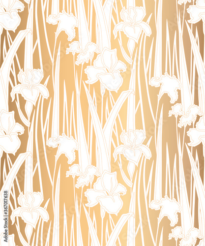 Seamless pattern with irises. Golden texture. Vector floral background © Tori Art