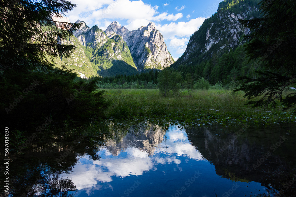 Mountain landscape with beautiful new and lighting near Lake Dobbiaco on the Italian Dolomites