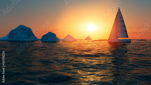 Ice melting, climate change. Sailboat sailing in the Antarctic Ocean. Arctic sea, drifting iceberg. Global warming. Sunset. 3d render