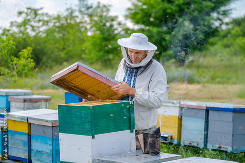 Beekeeper in protective workwear. Hives background at apiary. Works on the apiaries in the spring.
