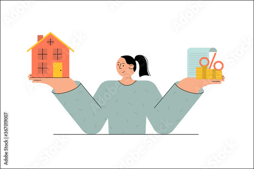 Woman Choosing to buy New House with mortage. Money investment to real estate concept vector illustration