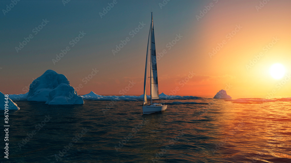 Ice melting, climate change. Sailboat sailing in the Antarctic Ocean. Arctic sea, drifting iceberg. Global warming. Sunset. 3d render
