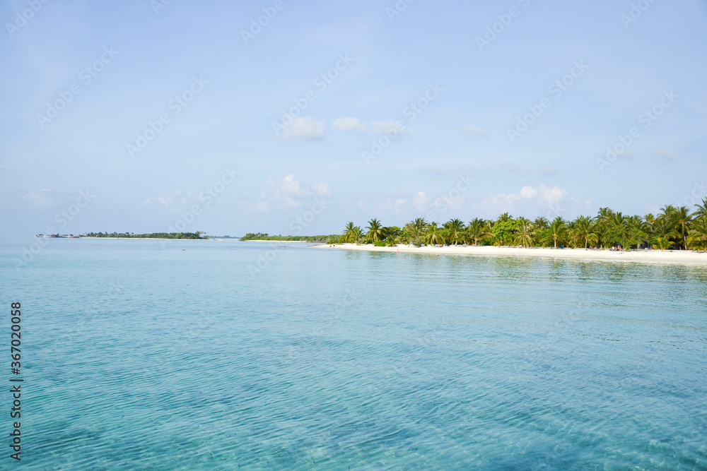 Beautiful Maldive Island Palm Trees Beach. Maldives paradise beach. Luxury travel summer holiday.