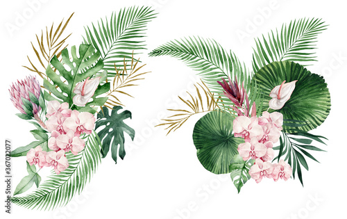 watercolor illustration of tropical leaves  branche  fern and pink flowers.  Botanical watercolor illustrations  floral elements  roses  protea  orchid and calla lilies