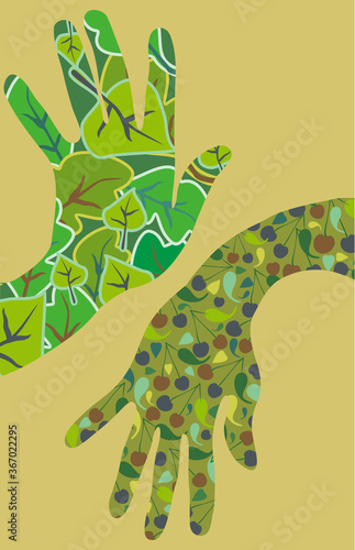 Illustration of hands with nature pattern inside