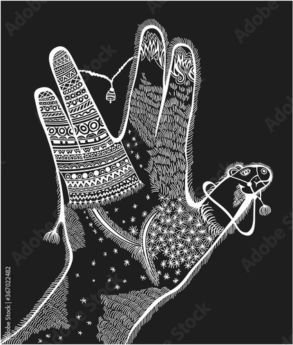 Illustration of hand with stylized camel inside