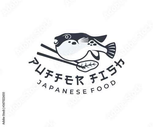 Puffer fish and chopsticks, japanese food, logo design. Fish, animal, food and restaurant, vector design and illustration