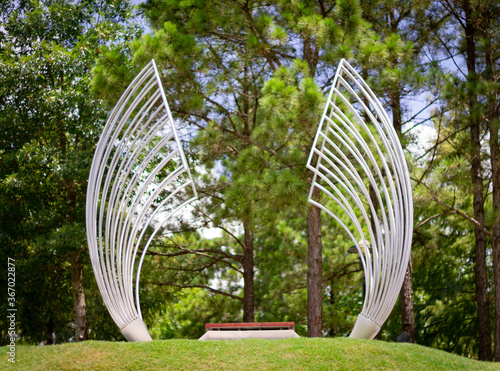 A picnic table as a sculpture in a public park in the Woodlands, TX. photo