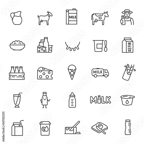 Milk, dairy products, icon set. Cream, butter, cheese, infant formula, yogurt, etc. linear icons. Line with editable stroke