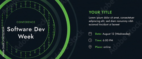 Conference Development Week with the binary concept and contact data on a dark background. Creative design vector template for the webinar, conference, e-mail, flyer, meetup, party, event, web header